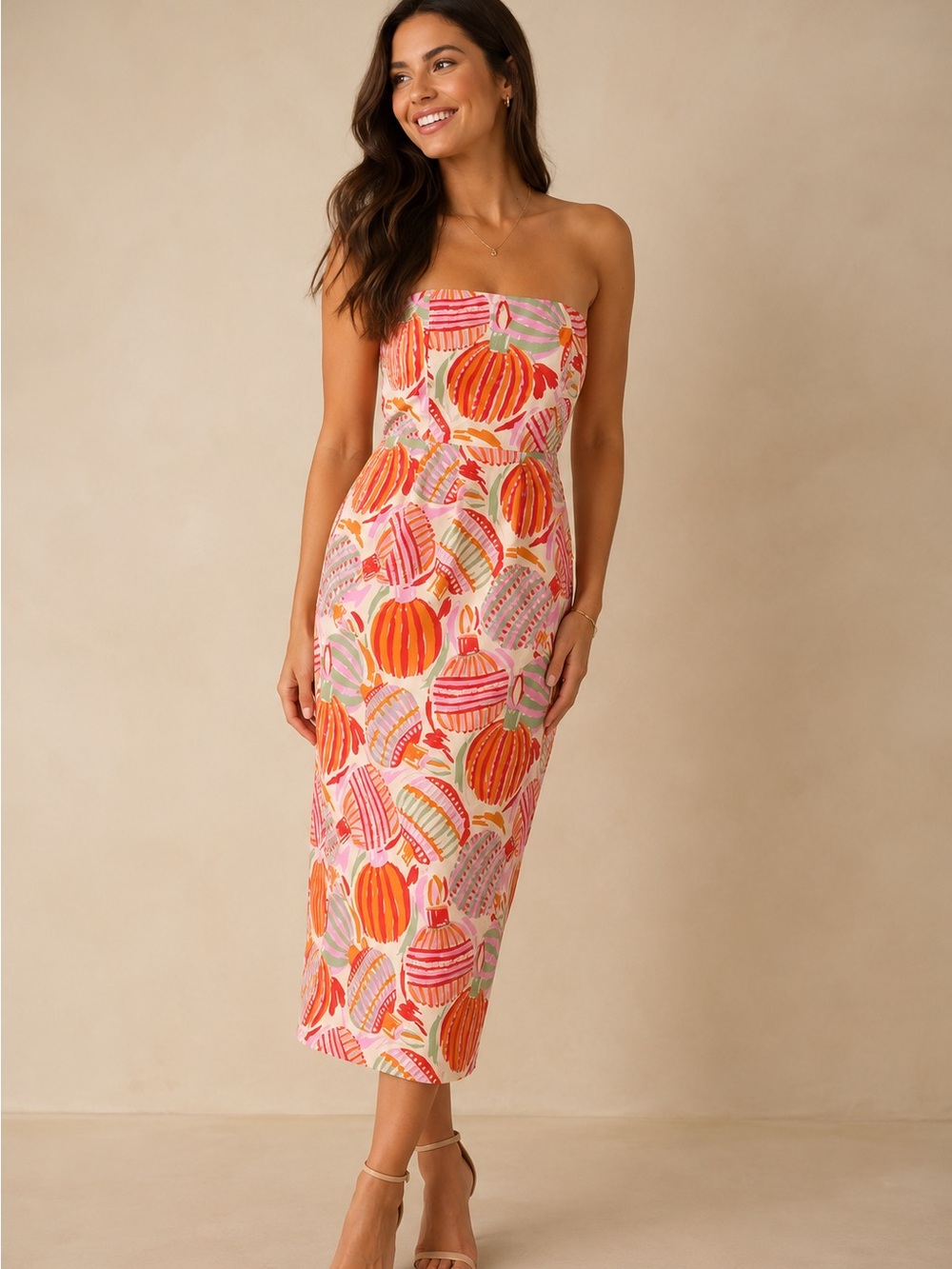 Prosperina Lisette Pink Multi Ornament Print Strapless Midi Dress Women’s Large